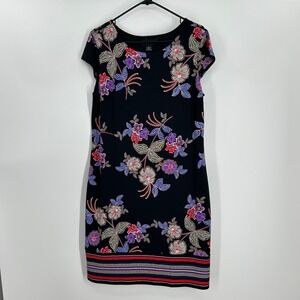 Liz Claiborne Womens Large Black Floral Cap Sleeve Sheath Dress Border Print Hem